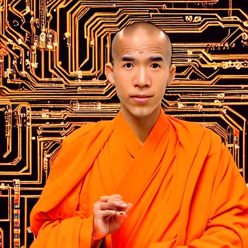 Image similar to techno monk in orange robes with wires and circuit boards coming out of his face