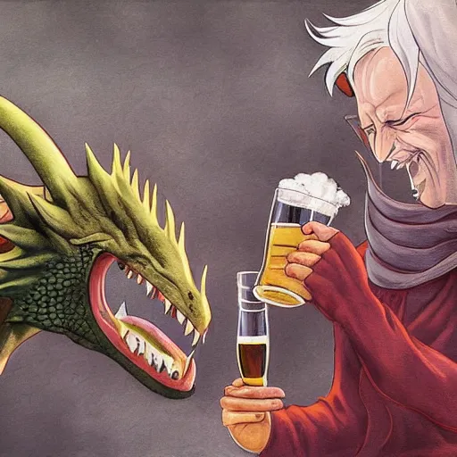 Image similar to a dward and a dragon drinking a beer, fantasy art, anime