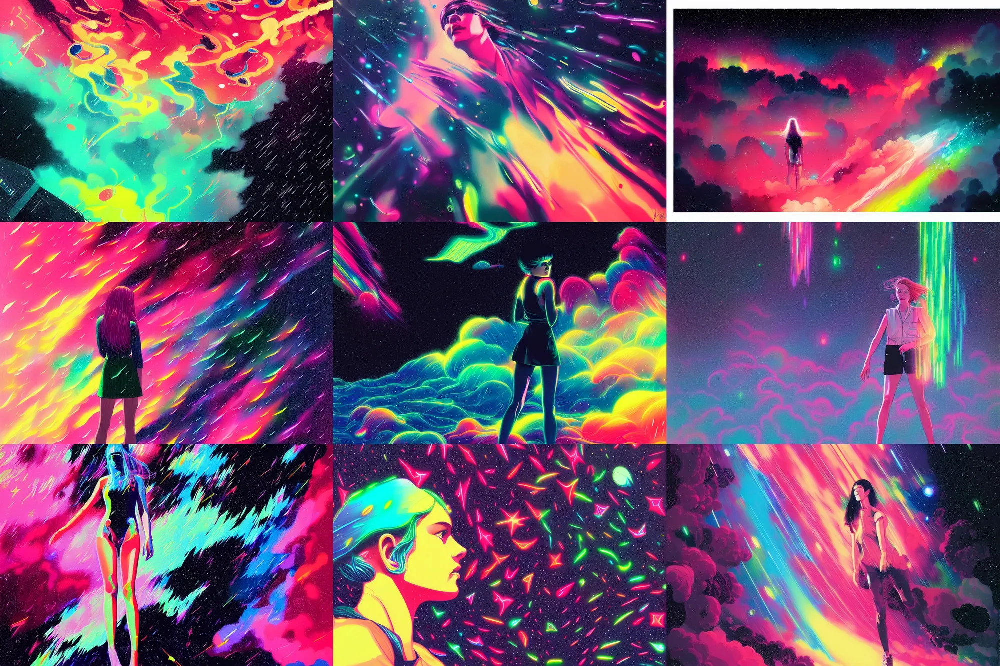 Prompt: neon multicolored rain falling from cosmic clouds in interstellar deep space atmosphere, cinematic, ultra detailed, majestic, intricate, by android james, ilya kuvshinov, martine johanna,