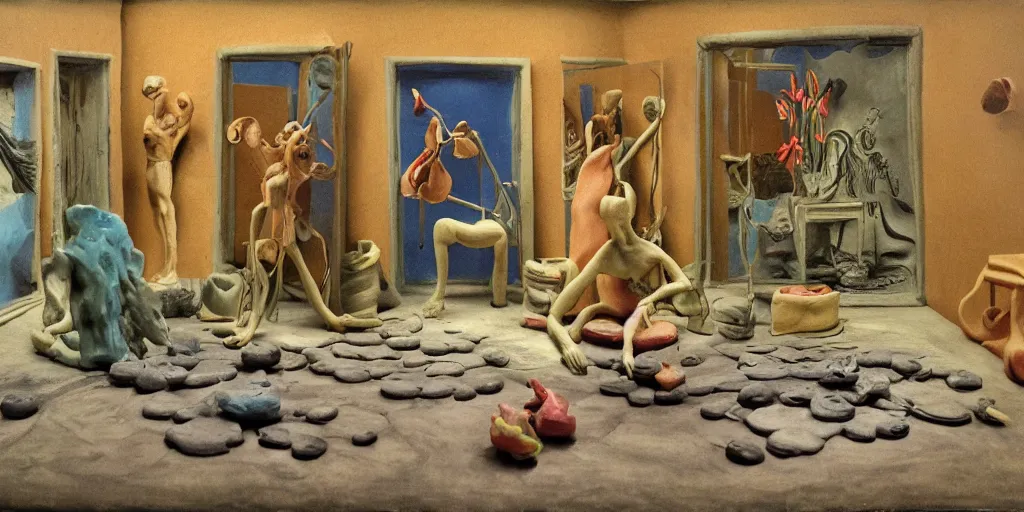 Image similar to plasticine sculpture stop motion. salvador dali clay models. gallery painting of flower. water on floor. visitors. room with a small hole in wall. john craxton. high detail. photorealistic