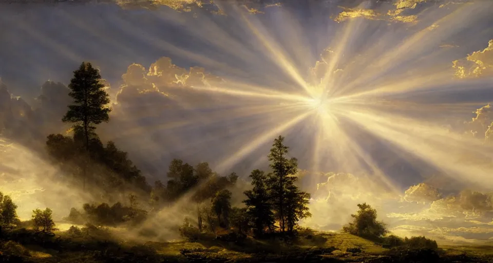 Image similar to heaven with angels floating on clouds god rays, by eugene von guerard, ivan shishkin, trending on artstation, 8 k