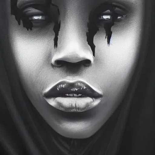 Image similar to a portrait of a young black woman wearing a long dark cloak, hood and shadows covering face, anatomically correct, beautiful perfect face, enigmatic, oil painting, matte painting, black background, Volumetric dynamic lighting, Highly Detailed, Cinematic Lighting, Unreal Engine, 8k, HD, by Beksinski