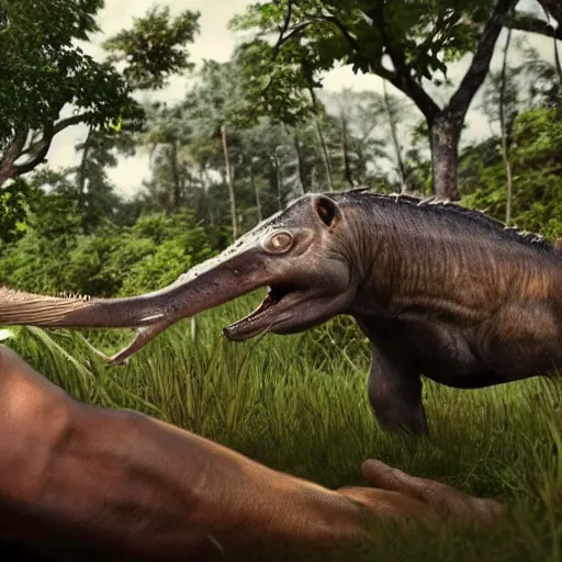 Image similar to ultra - photorealistic, a new game play from battle royale game called prehistoric survivor, intricate details, sharp focus, perfect baroque like real project, symmetrical realistic, perfect face and anatomy ultra - details, 4 k, uhd, beautiful random content position, perfect emotion, balance