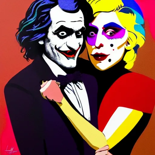 Image similar to ilya yefimovich repin and mimmo rottela and banksy as joaquin phoenix skinny joker, holding hand, lady gaga harley queen, ultra photorealistic, intricate details, pop art style, concept art, confident posse, random object details, 2 colours, warm color, 4 k, ultra smooth, sharp focus