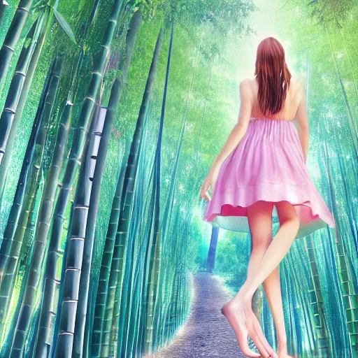 Image similar to A young beautiful giantess with a pretty face,she has green eyes, a cute nose and pink lips,she is wearing a sundress and sandals, walking in a bamboo forest ,detailed body and eyes,proper anatomy, beautiful lighting,,digital art , highly detailed , high contrast, beautiful lighting, award winning , trending on art station, 8k, photo realistic,unreal engine 5