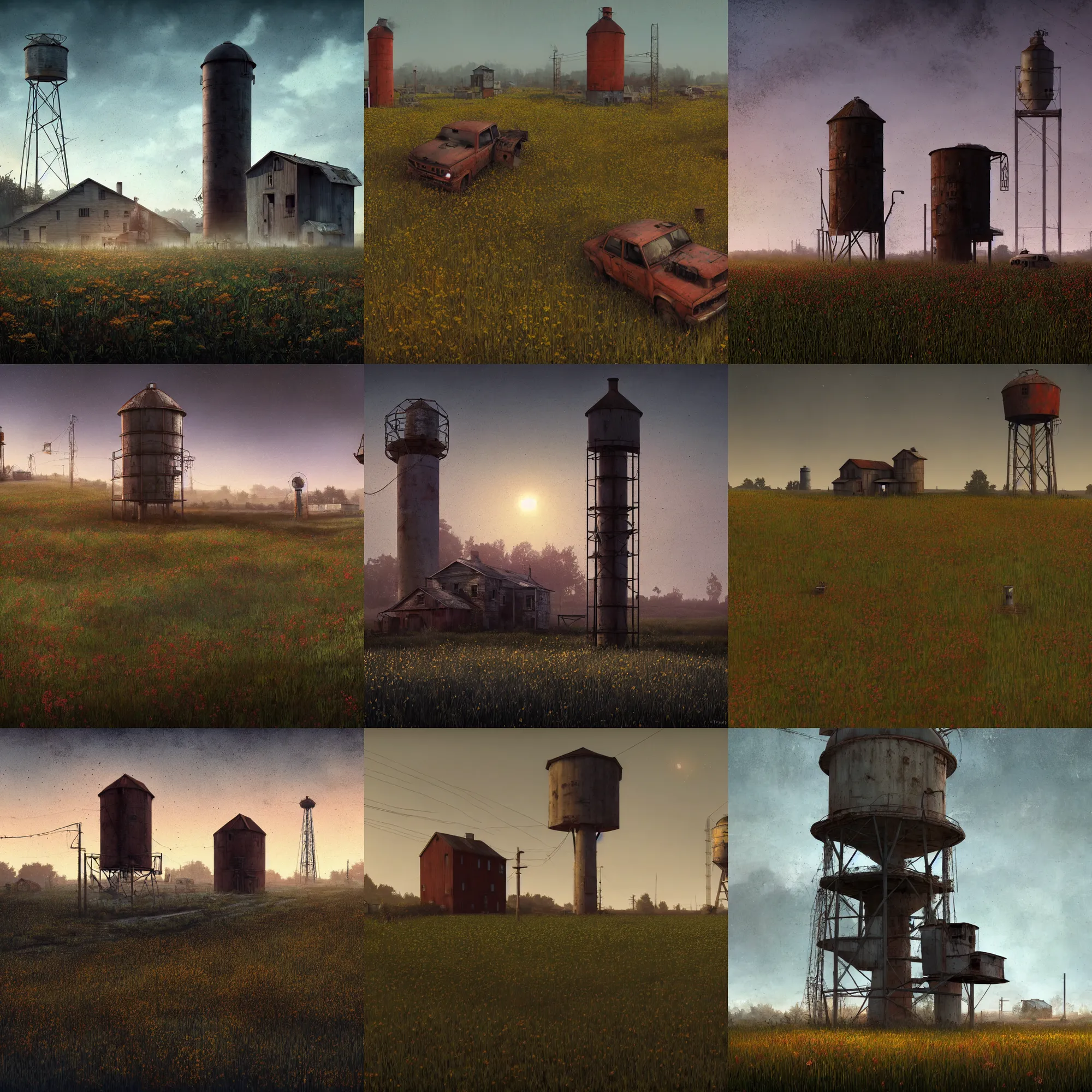 Prompt: rural post - cyberpunk, post - apocalyptic, farmhouse with a rusty water tower in a flower field by scott listfield and gregory crewdson, post - cyberpunk,! at night!, fog, 8 k render, ( lights ), trending on cgsociety, trending on artstation