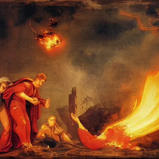 Image similar to emperor nero setting rome on fire, old master painting, ultra realistic details, 8 k