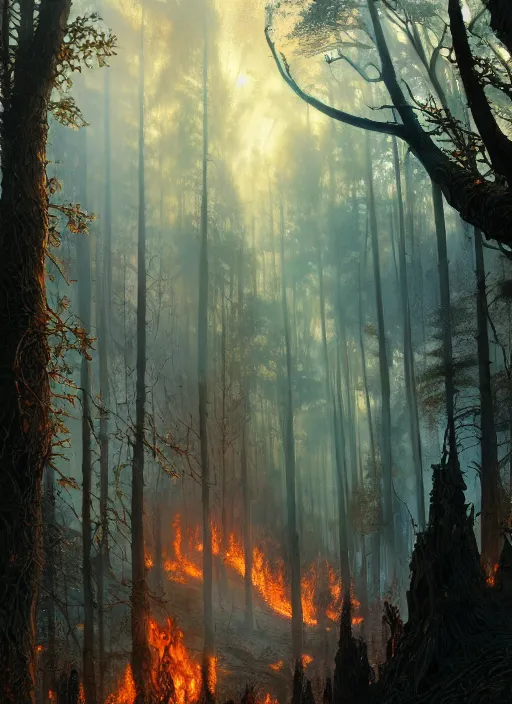 Image similar to panorama of a burning forest inhabited by elves, d & d, violent, fantasy, intricate, elegant, highly detailed, digital painting, artstation, concept art, smooth, sharp focus, illustration, art by artgerm and greg rutkowski and alphonse mucha