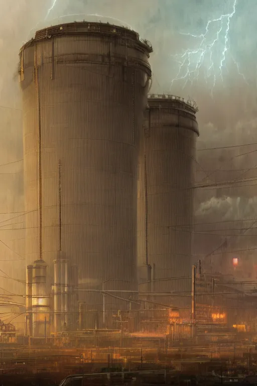 Image similar to a highly detailed matte painting of a soviet steampunk nuclear power station in lightning storm and heavy rain by studio ghibli, makoto shinkai, by artgerm, by wlop, by greg rutkowski, volumetric lighting, octane render, 4 k resolution, trending on artstation, masterpiece