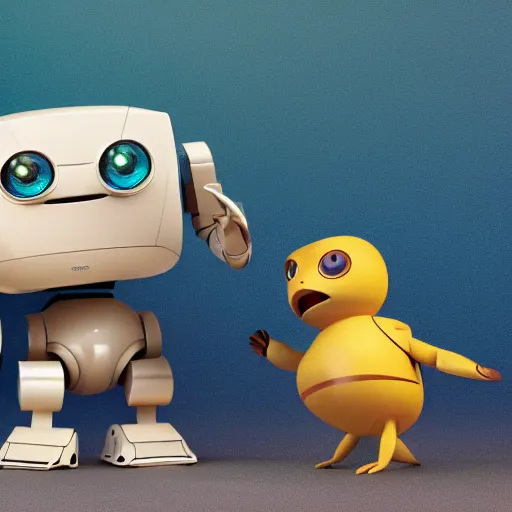 Image similar to two small chubby bots, colourful, smooth panelling,, intricate detail, pushing a battery, style of cute pokemon, with damaged rusty arms, broken antenna, recycled, floating, white studio, oil, mechanical, cute toy, wall - e, ambient light, in the style of pixar animation, pokedstudios, hyperdetailed, blender, octane render, 8 k,