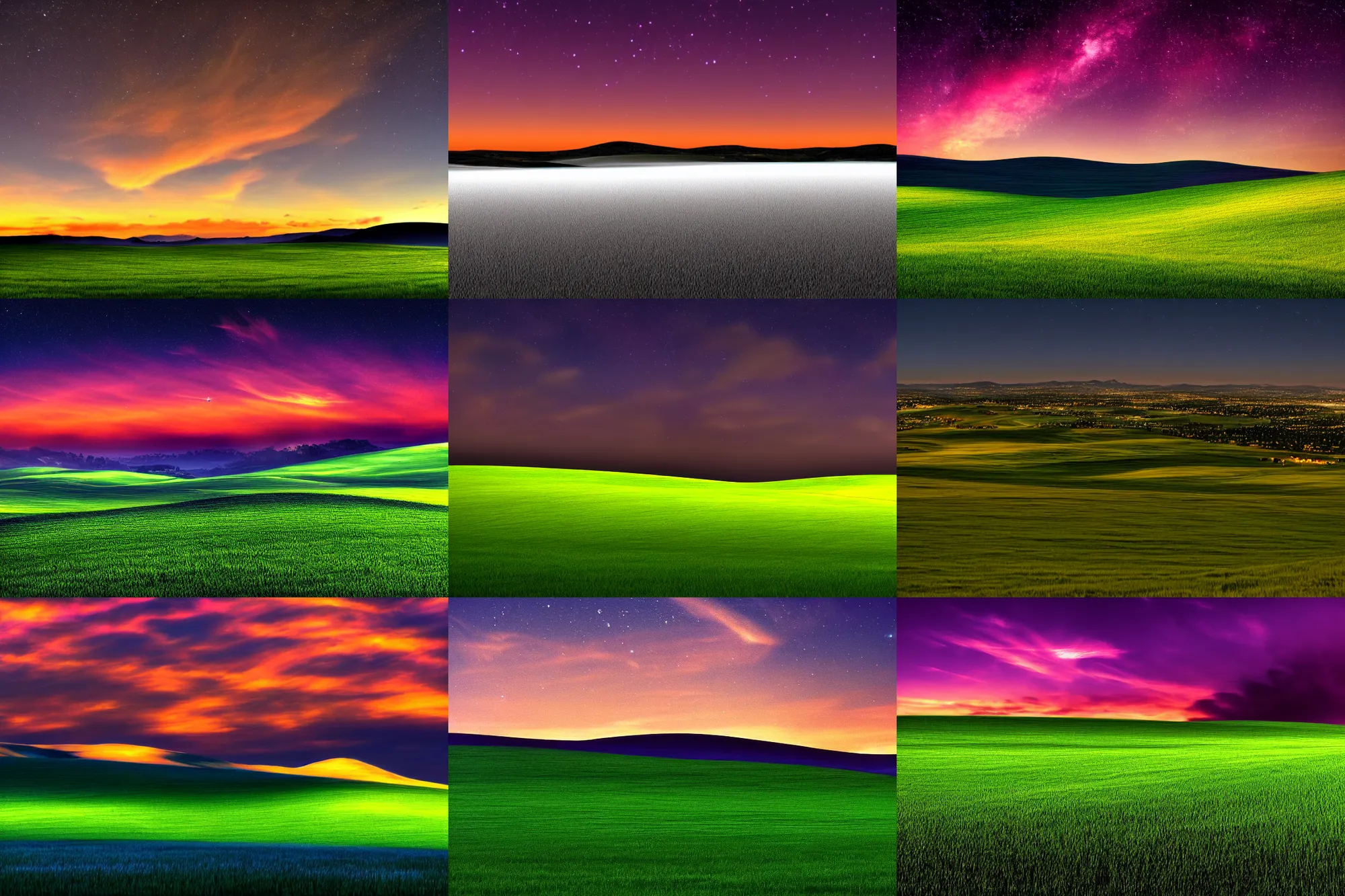 Prompt: the default windows xp wallpaper bliss at night