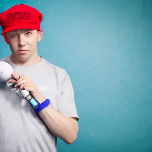Prompt: a full body shot of an average white, short young - adult man with blue dyed hair, wearing a red backwards cap, white t - shirt with a red no symbol on it, blue long pants and red shoes, holding a microphone, studio lighting, photoshoot, grey background