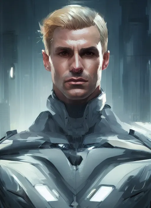 Image similar to portrait of a blonde bruce wayne, futuristic, cyberpunk, cybernetic enhancements, concept art, trending on artstation, greg rutkowski