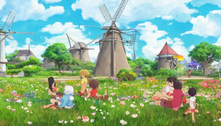 Prompt: ghibli and children drawing style of a cute milk tea pub in the middle of grass ， colorful flowers ， big windmills ， sky and clouds ， unreal engine, hyper realism, realistic shading, cinematic composition, realistic render, octane render, detailed textures, photorealistic, wide shot