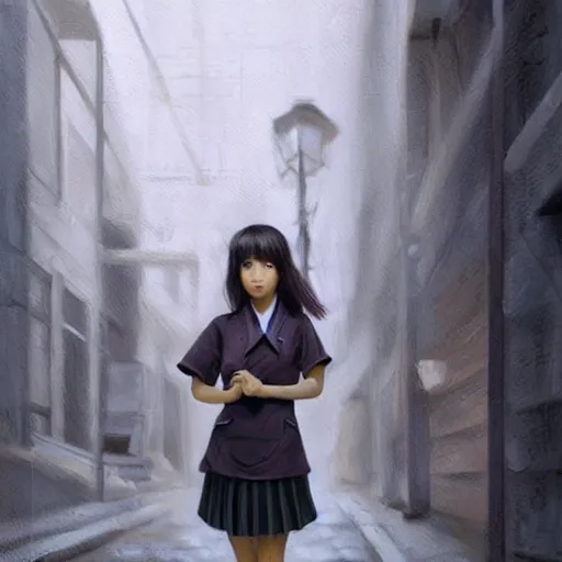 Image similar to a perfect, realistic professional oil painting of a Japanese schoolgirl posing in a dystopian alleyway, close-up, by a professional American senior artist on ArtStation, a high-quality hollywood-style concept