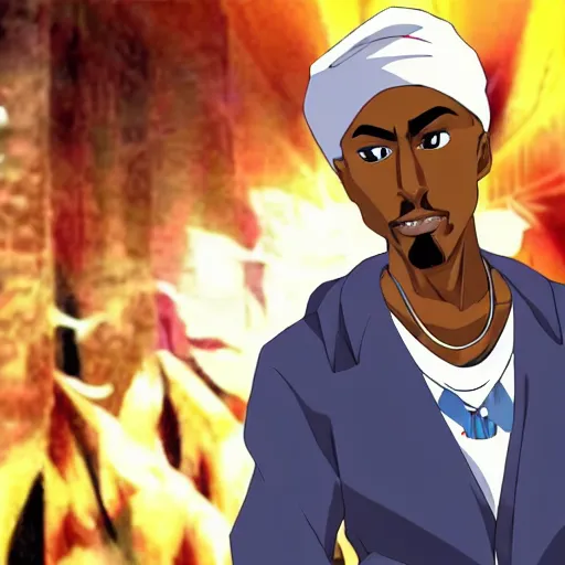 Image similar to Tupac Shakur, screenshot from a 2012s anime