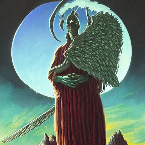 Image similar to painting in style of michael whelan, the dark angel of coffee