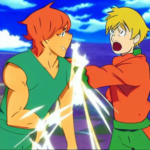 Prompt: scooby fighting shaggy, epic anime battle