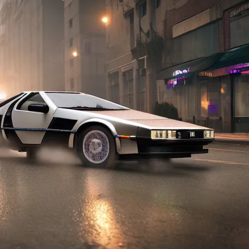 Image similar to hyperdetailed, photorealistic photograph of a dmc 1 2 delorean driving in the streets, rain, night, dense fog, hd, unreal engine 5