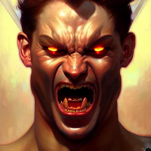 Image similar to face portrait of angry male demon screaming, realistic, high qulity, 4 k, sharp fucos, tranding on art station, illustration, art by artgerm and greg rutkowski and alphonse mucha