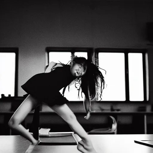 Image similar to film still of stylish girl dancing on school desk, tilted frame, 3 5 °, dutch angle, high quality, cinematography, award winning photo, focous