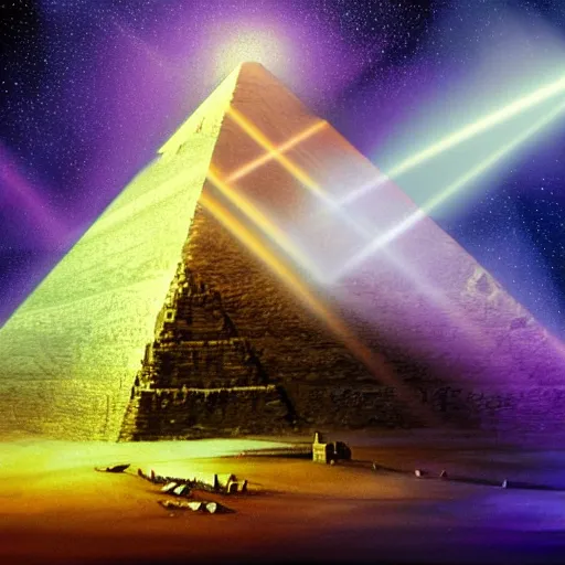 Image similar to painting of the great pyramid, surrounded by purple aura, beam of light emitting from the peak, star-filled night sky, 3d art, detailed