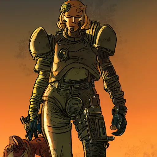 Image similar to post apocalyptic world, comic style, fallout 5 official art, 8 k, female protagonist, atmospheric lighting, gritty, sharp focus, armored feline companion, volumetric lighting, rich deep colors, painted, illustrated