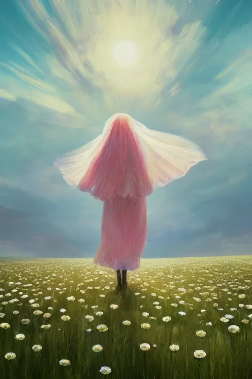 Image similar to giant white daisy flower veil face, girl walking in a flower field, surreal photography, sunrise, dramatic light, impressionist painting, colorful clouds, digital painting, artstation, simon stalenhag