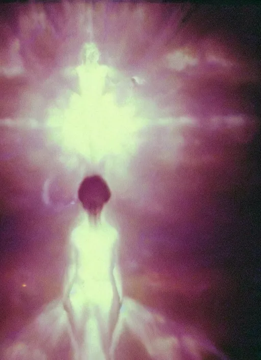 Prompt: a symmetrical female astral projection, liquid glowing aura, out of body experience, heavenly, film grain, cinematic lighting, experimental film, shot on 1 6 mm