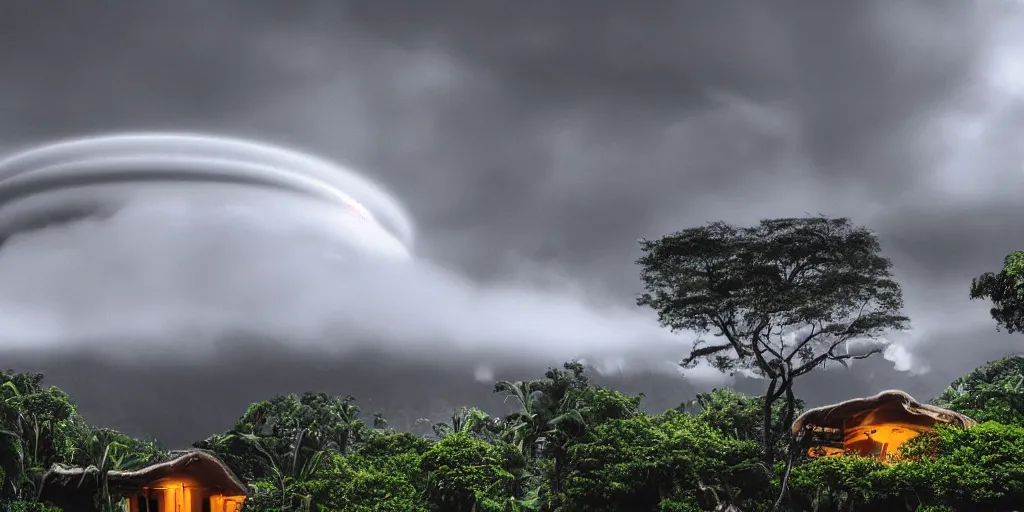 Image similar to atomic mushroom cloud over a Hawaiian villa in the middle of an tropical forest, ominous Sky, gloomy atmosphere, cinematic, mist, High definition, 8k, ultra detailed