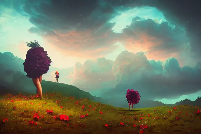 Image similar to giant dahlia flower as a head, girl walking on mountain, surreal photography, stars, dramatic light, impressionist painting, storm clouds, digital painting, artstation, simon stalenhag