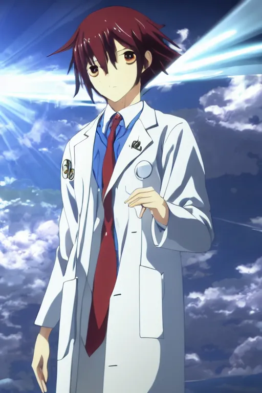 Image similar to Kurisu Makise in flowing lab coat by Akihiko Yoshida and Makoto Shinkai, with backdrop of god rays