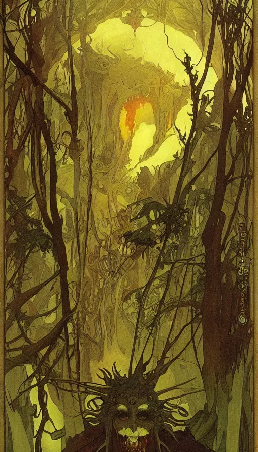 Prompt: a storm vortex made of many demonic eyes and teeth over a forest, by alfons maria mucha