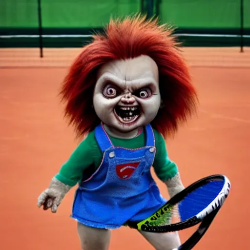 Image similar to cute little screaming chucky doll playing tennis