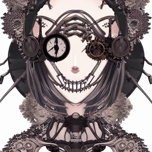 Image similar to surreal manga anime photo portrait of complex bio-mechanical beautiful young female skeletal cyborg with a Mandelbrot fractal steampunk metal fine lace face, retrofuturistic depressing, floral foliage super big lace collar, rococo, steampunk, 8k