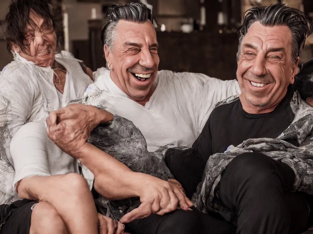 Image similar to close - up photo of a till lindemann sits on the couch with grandmother both laughing, natural lighting, wide lens, 4 k