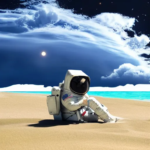 Image similar to an astronaut relaxing on the beach, dramatic lighting, cinematic, extremly high detail, photorealistic, cinematic lighting, nasa footage