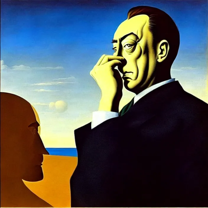 Prompt: camus pondering about the absurdity of existence, by salvador dali and rene magritte, oil on canvas, dramatic lighting