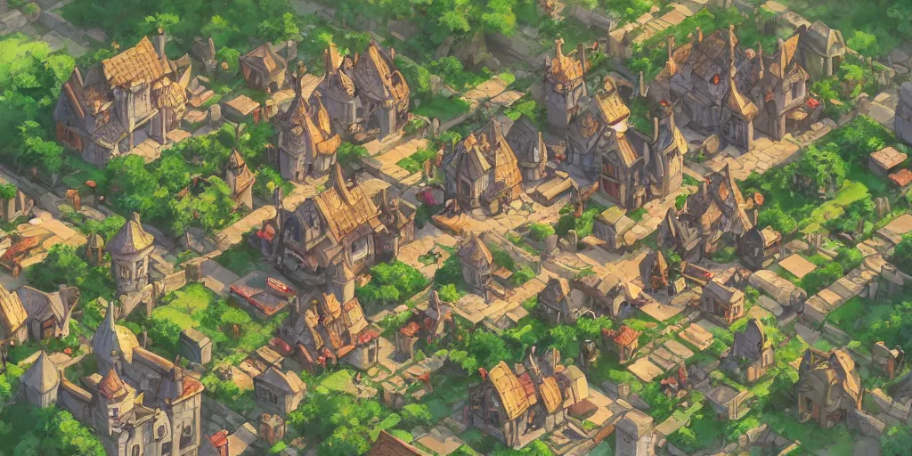 Image similar to rpg isometric top view of a lovely anime medieval fantasy village!! jrpg!! cory loftis, james gilleard, atey ghailan, makoto shinkai, goro fujita, studio ghibli, rim light, exquisite lighting, clear focus, very coherent, plain background, soft painting