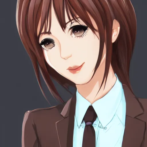 Image similar to woman in business suit, brown neat hair, animesque, pixiv, fanbox, trending on artstation, digital art, portrait, modern, sleek, highly detailed, formal, serious, determined, competent, colorized, smooth, charming, pretty, safe for work, blank background