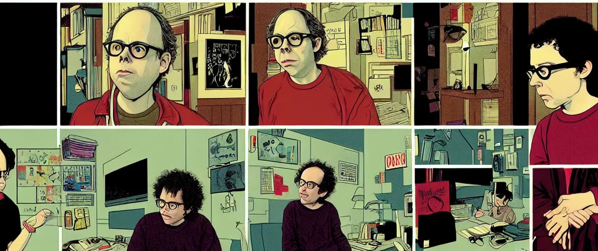 Image similar to character study of todd solondz mixed with charlie kaufman | vivid colors : storyboard, dramatic and emotional, concept design, realistic. by gabriel hardman, joe alves, j. todd anderson, chris bonura. cinematic atmosphere, detailed and intricate, perfect anatomy