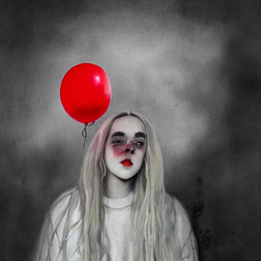 Prompt: matte painting of Billie eilish with a wide smile and a red balloon by Zdzisław Beksiński, loony toons style, pennywise style, corpse bride style, creepy lighting, horror theme, detailed, elegant, intricate, conceptual, volumetric light