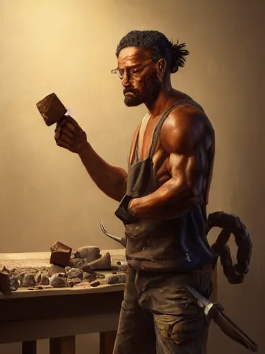 Image similar to a man, sculptor, sculpting in mable at in his art studio. holding tools charismatic, bold. intricate, elegant, highly detailed, digital painting, artstation, cinematic shot, concept art, sharp focus, illustration, by justin gerard and artgerm 8 k