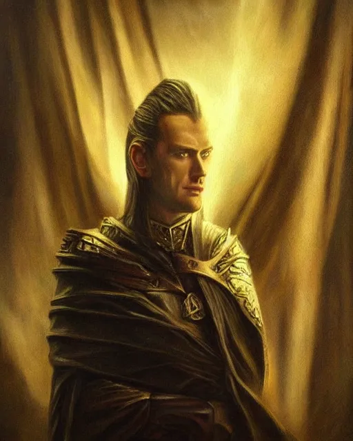 Image similar to a beautiful portrait of fingolfin, dramatic art chiaroscuro lighting, rules of compostion, great creative ideas, highly detailes dark oil painting, insanely realistic