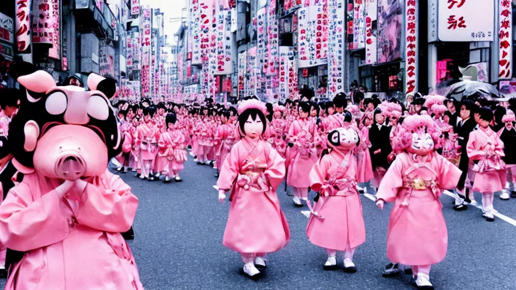 Prompt: manga of the imperial family in a parade on the streets Tokyo the imperial family are all dressed in pink and wearing pig masks, film still from the an anime directed by Katsuhiro Otomo with art direction by Salvador Dalí, wide lens
