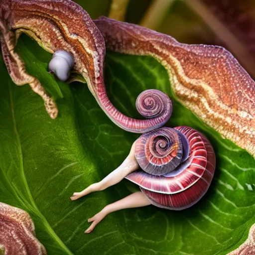 Image similar to professional dramatic photograph of a snail woman hybrid