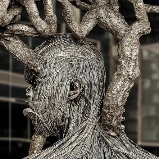 Image similar to a human man statue encased by a cosmic tree, a sense of awe, amazement, monogon, plasma display, wooden, silver, mercury, damascus, armature wire, multiscopy, morph, in a symbolic and meaningful style, insanely detailed and intricate, hypermaximalist, elegant, ornate, hyper realistic, super detailed,