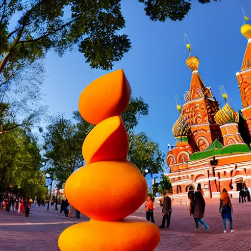 Image similar to symmetrical photo of giant mango sculpture on red square, super ariel wide shot, bokeh, golden hour