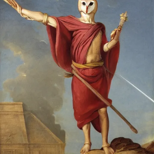 Image similar to humanoid barn owl wearing a roman toga and holding a javelin