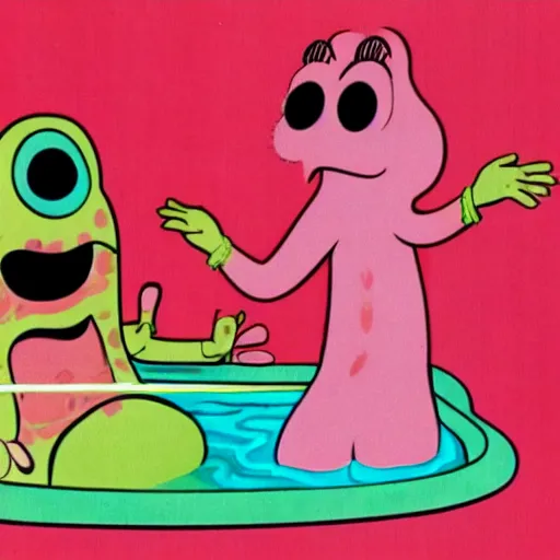 Image similar to a female anthropomorphic intestine in a bathtub, children's television show, 1974, technicolor